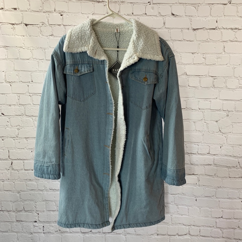 NWT Zaful Longline Sherpa Denim Jean Jacket